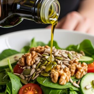 Olive oil pouring over fresh salad. Healthy eating vegetarian cuisine bowl food closeup.